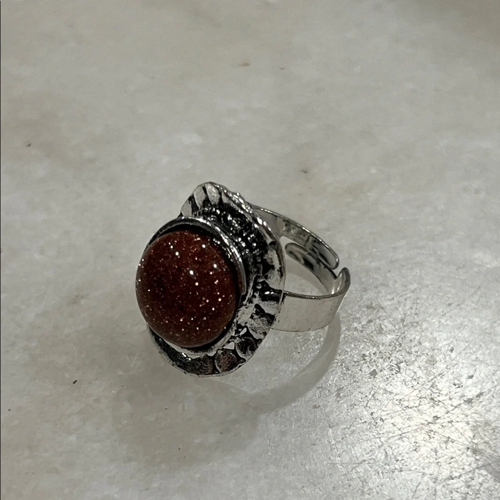 Goldstone Stone Antiqued Silver Adjustable Ring